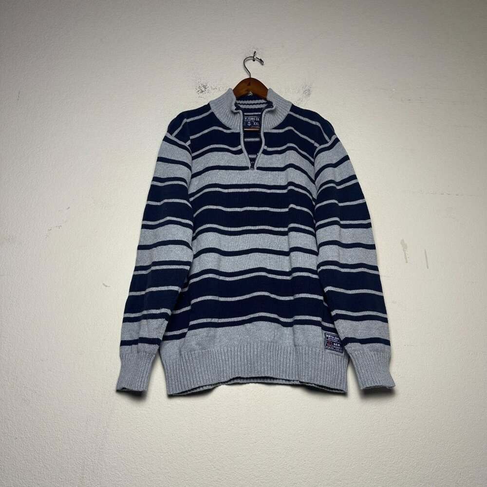 Nautica Jeans Men 2XL Sweater Co 1/4 Zip Casual Striped Blue Grey Waffle Knit